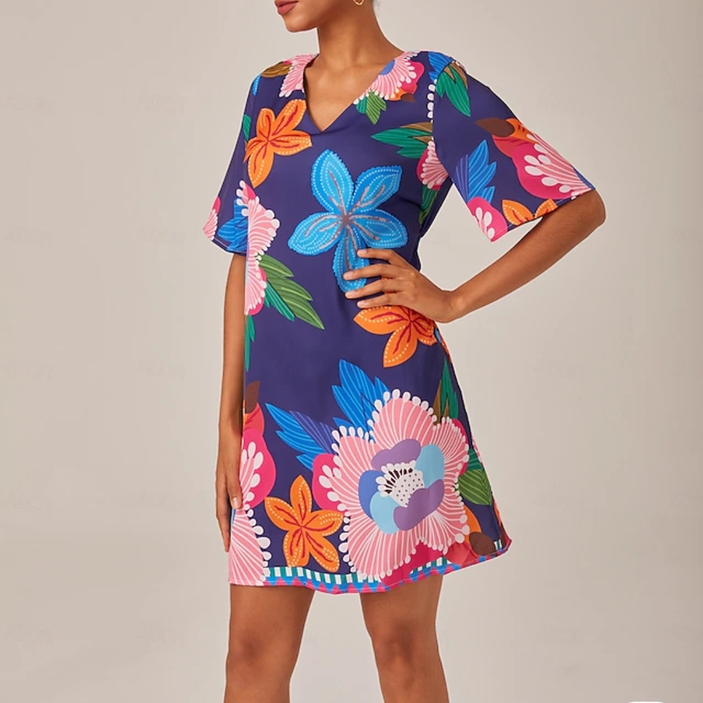 Blue and Pink Floral V-Neck Coverup Dress